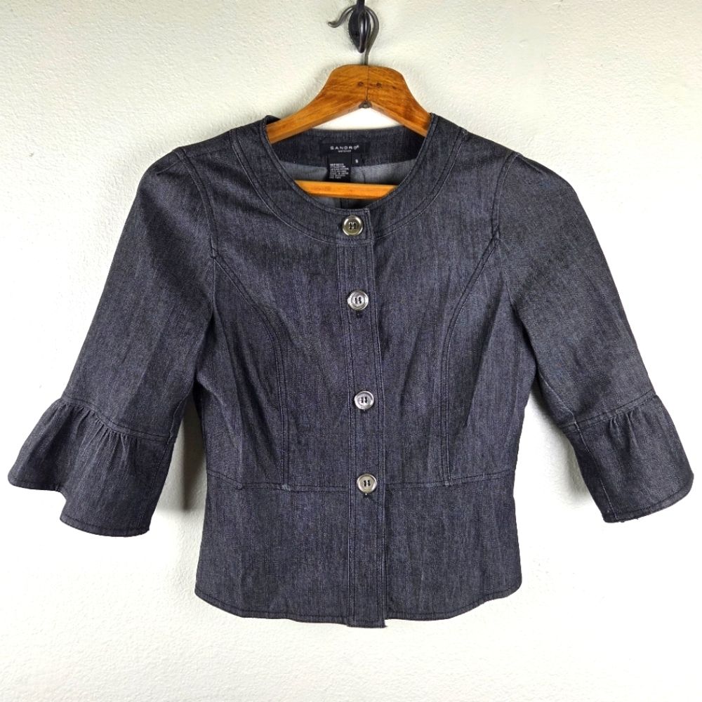 Women's Sandro Sportswear Denim Short Blazer Cotton Blend Blue Jacket Size Small